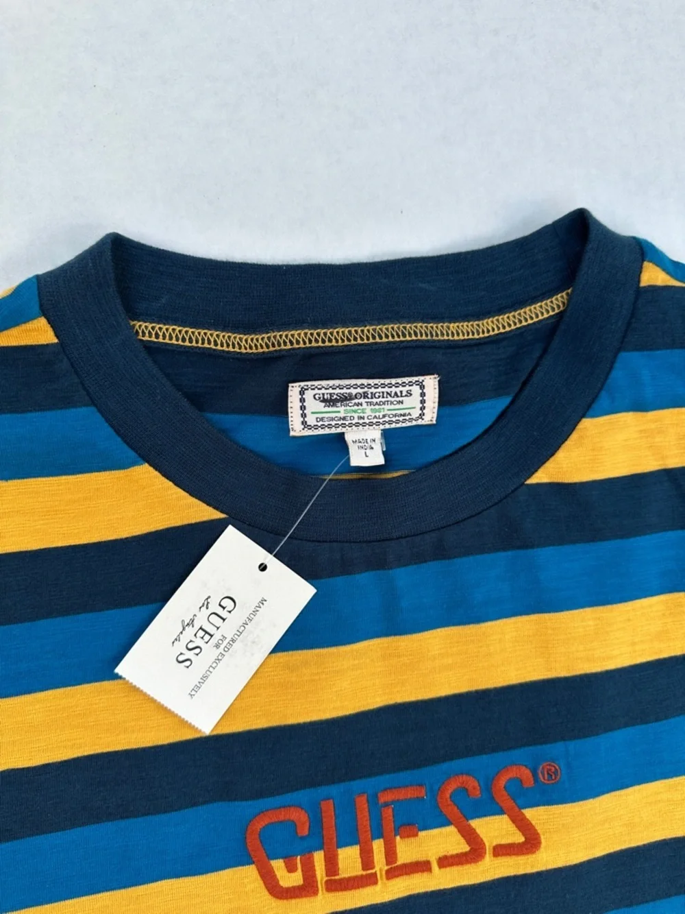 New GUESS Men's Navy, Blue & Yellow Bold Striped  Shirt SZ L - Picture 3 of 5